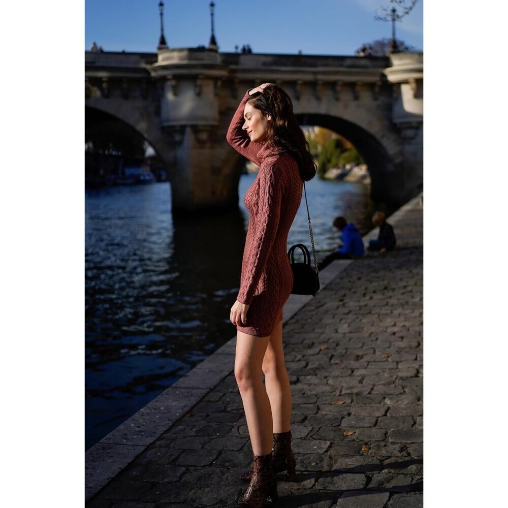 Women's Polo Neck Long Fitted Dress Bodycon Turtleneck Cable Knit Sweater Rouge - Picture 3 of 4